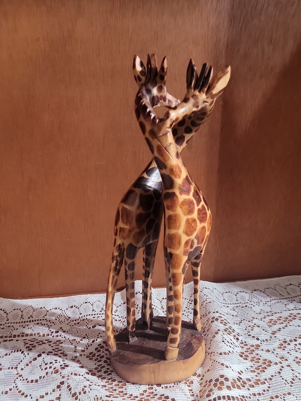 Brown and Tan Handcarved Giraffe Pair Wooden Sculpture